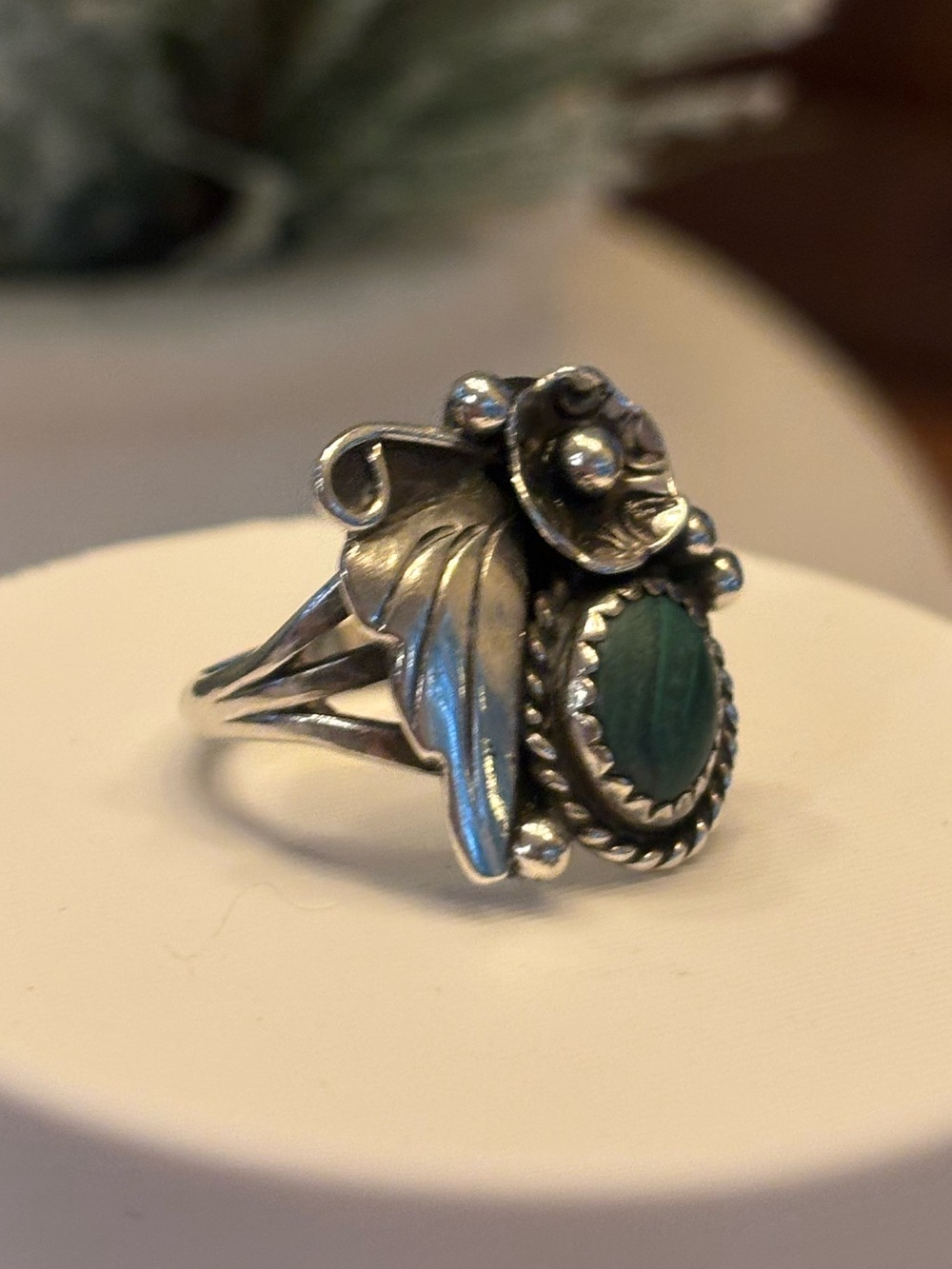 Vintage Sterling Silver Malachite Ring Size 6.5 Southwest Floral Leaf Fine 5g - Picture 3 of 10